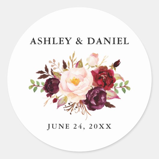 Sticker Rond Aquarelle mariage Bourgogne Floral (Devant)