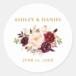 Sticker Rond Aquarelle mariage Bourgogne Floral Or