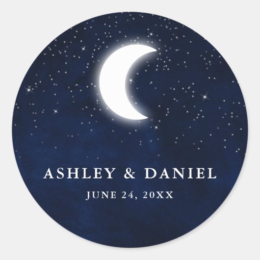 Sticker Rond Aquarelle Mariage céleste bleu Sky Moon Stars (Devant)