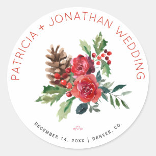 Sticker Rond Aquarelle mariage de Noël fleurie et baies