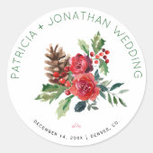Sticker Rond Aquarelle mariage de Noël fleurie et baies (Devant)
