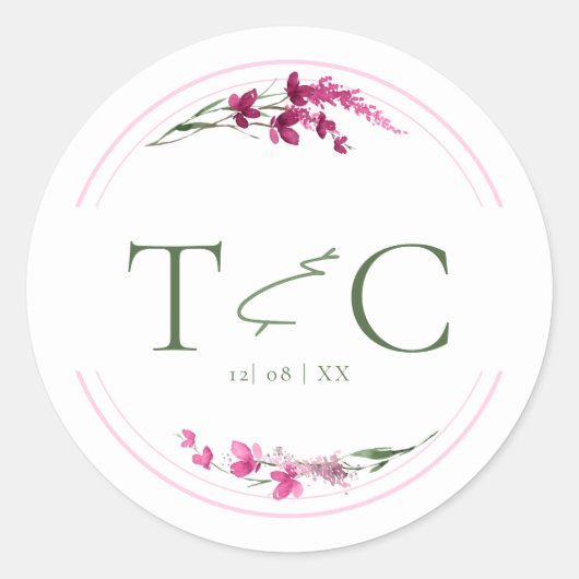 Sticker Rond Aquarelle Mariage fleur sauvage Initiales Fuchs ID (Devant)
