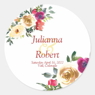 Sticker Rond Aquarelle mariage floral classique citron et magen