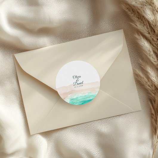 Sticker Rond Aquarelle mariage plage de sable turquoise
