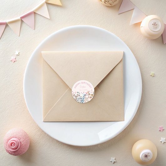 Sticker Rond Aquarelle mignonne Animaux sauvages Fille rose Ann