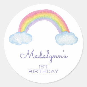 Sticker Rond Aquarelle mignonne Arc en ciel et nuages Anniversa