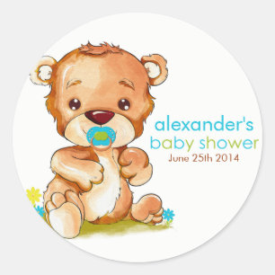 Sticker Rond Aquarelle mignonne Baby shower bébé ours garçon