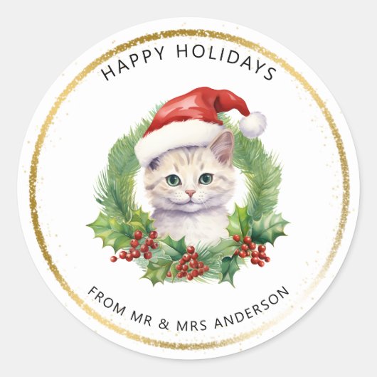 Sticker Rond Aquarelle mignonne chat de Noël dans un chapeau de (Devant)
