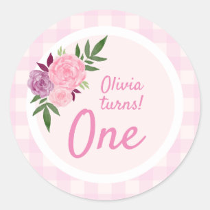 Sticker Rond Aquarelle mignonne Fleurs roses 1er anniversaire d