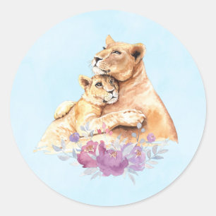 Sticker Rond Aquarelle mignonne Mère Lion & Cub