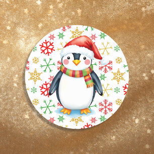 Sticker Rond Aquarelle mignonne Pingouin de Noël et Snowflakes