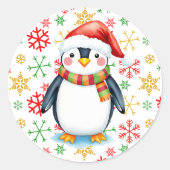 Sticker Rond Aquarelle mignonne Pingouin de Noël et Snowflakes (Devant)