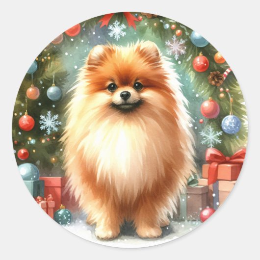 Sticker Rond Aquarelle mignonne Pomeranienne Noël festif (Devant)