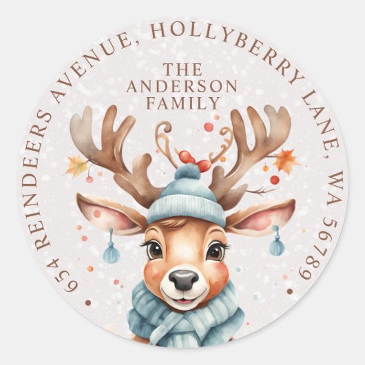 Sticker Rond Aquarelle mignonne Reindeer de Noël Adresse de ret (Devant)