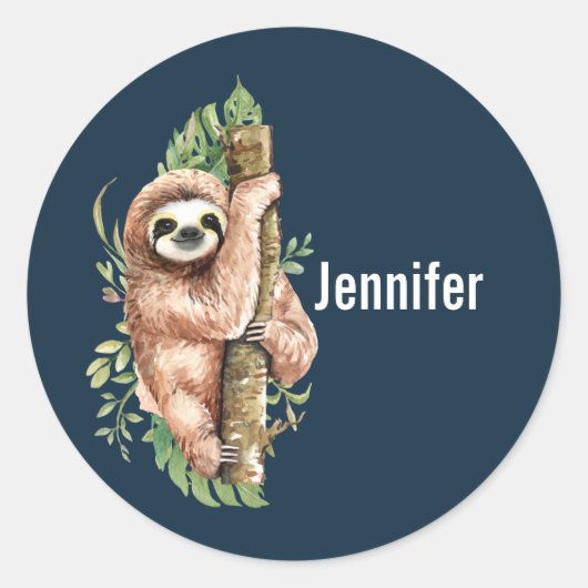 Sticker Rond Aquarelle mignonne Sloth & Feuilles tropicaux (Devant)