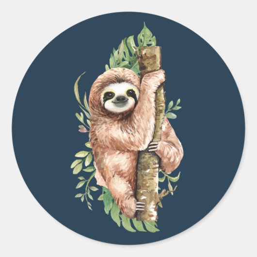 Sticker Rond Aquarelle mignonne Sloth & Feuilles tropicaux (Devant)