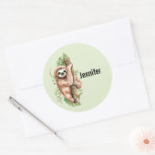 Sticker Rond Aquarelle mignonne Sloth & Feuilles tropicaux (Enveloppe)