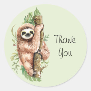 Sticker Rond Aquarelle mignonne Sloth & Merci Feuille Tropical
