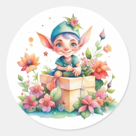 Sticker Rond Aquarelle mignonne Whimsical Elf de Noël (Devant)