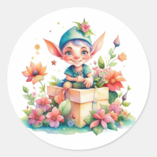 Sticker Rond Aquarelle mignonne Whimsical Elf de Noël