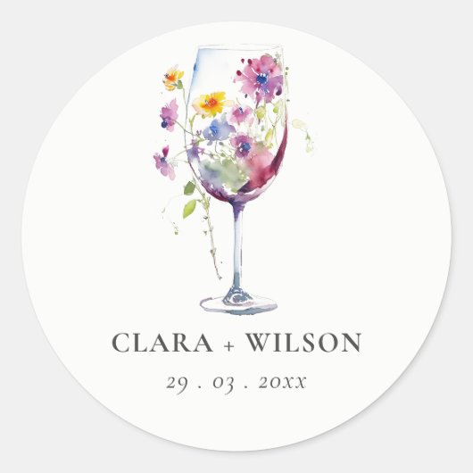 Sticker Rond Aquarelle minimale Floral Vin Mariage (Devant)