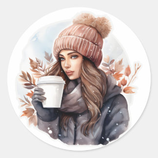 Sticker Rond Aquarelle mode hiver fille avec café