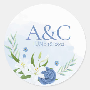 Sticker Rond Aquarelle moderne bleu Mariage Floral