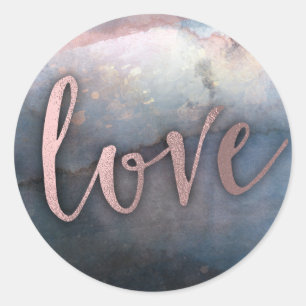 Sticker Rond Aquarelle Moderne Bleu & Rose Or Rose LOVE