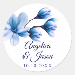Sticker Rond Aquarelle moderne Floral Bleu Marine Mariage blanc