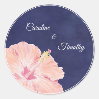 Sticker Rond Aquarelle moderne Hibiscus Marine Mariage bleu