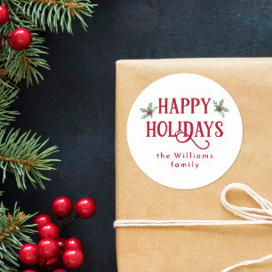Sticker Rond Aquarelle moderne Holly & Red Happy Holidays