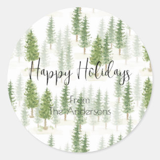 Sticker Rond Aquarelle moderne Noël Pins de Noël