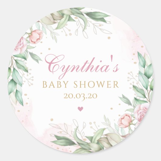 Sticker Rond Aquarelle moderne Vert Baby shower rose Floral (Devant)