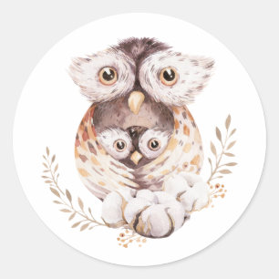 Sticker Rond Aquarelle Mommy and Baby Owl Baby shower bois