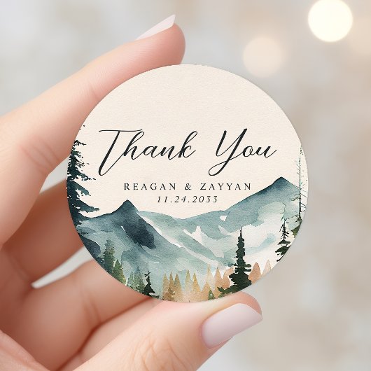 Sticker Rond Aquarelle Montagnes Et Pins Mariage Merci