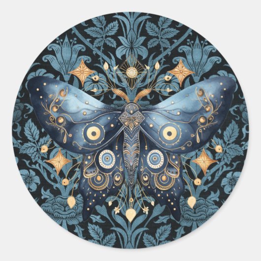 Sticker Rond Aquarelle mystique Bleu et doré Night Moth (Devant)