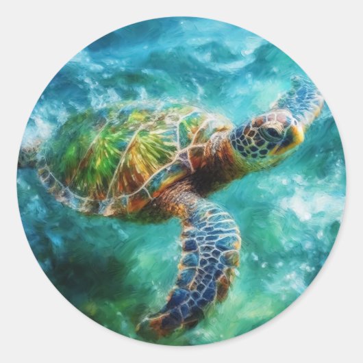 Sticker Rond Aquarelle Natation Tortue de mer (Devant)