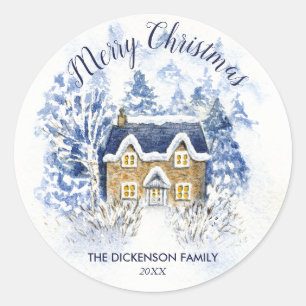 Sticker Rond Aquarelle Neige couvert Vintage Cottage Noël