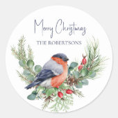 Sticker Rond Aquarelle Noël Bullfinch Oiseau d'hiver (Devant)