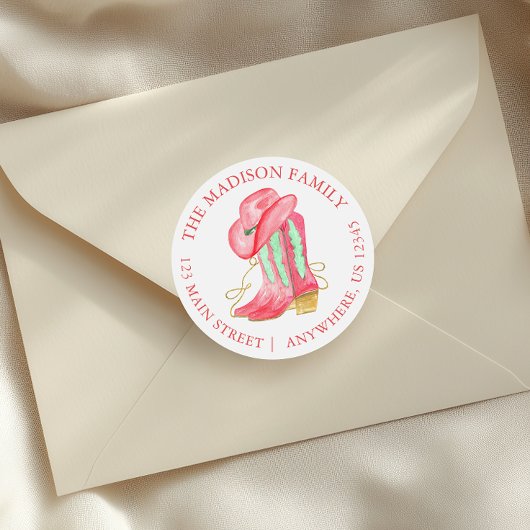 Sticker Rond Aquarelle Noël Cowboy Boot Adresse de retour