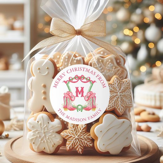 Sticker Rond Aquarelle Noël Cowboy Botte Monogram Crest