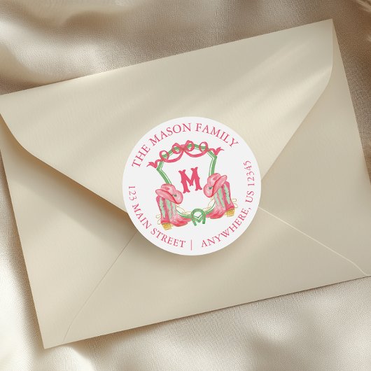 Sticker Rond Aquarelle Noël Cowboy Botte Monogram Crest