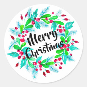 Sticker Rond Aquarelle Noël Floral Wreath Joyeux Noël