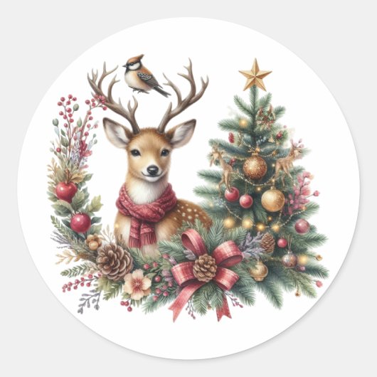 Sticker Rond Aquarelle Noël rennes (Devant)