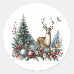 Sticker Rond Aquarelle Noël rennes