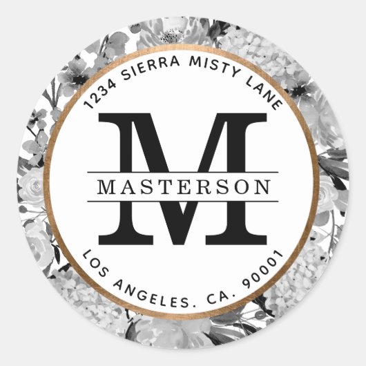 Sticker Rond Aquarelle noire et blanche moderne Monogramme flor (Devant)