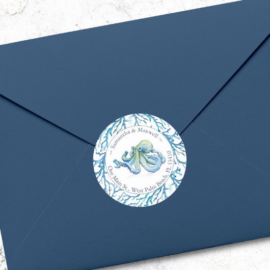 Sticker Rond Aquarelle Octopus Adresse de retour Classic