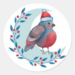 Sticker Rond Aquarelle Oiseau bleu de Noël sur la lune