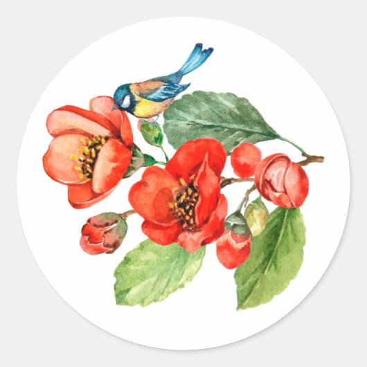 Sticker Rond Aquarelle Oiseau bleu sur les fleurs rouges (Devant)