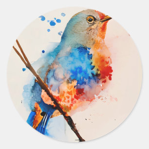 Sticker Rond Aquarelle Oiseau Peinture Toile Mur Art Bleu Oisea